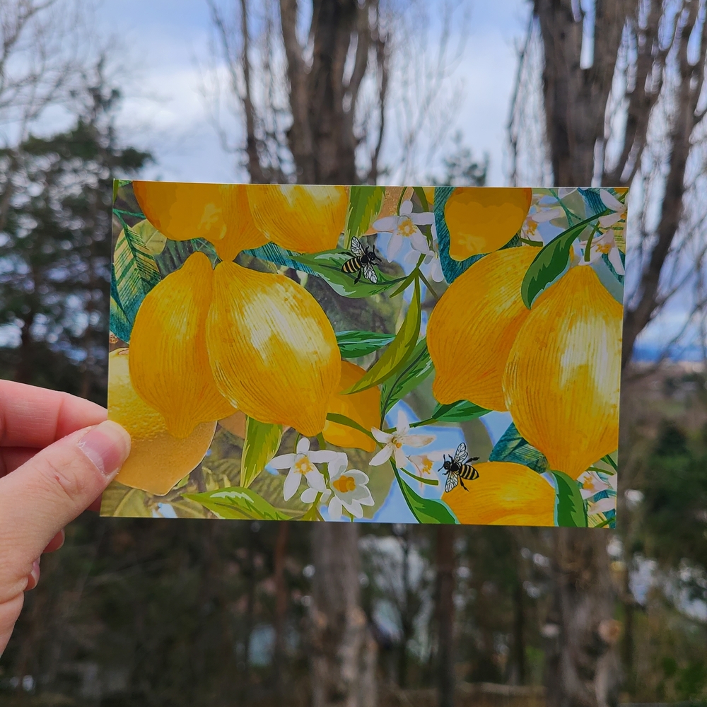 Vibrant Lemon and Bee Art Print Fruit Wall Decor Maximalism 4x6